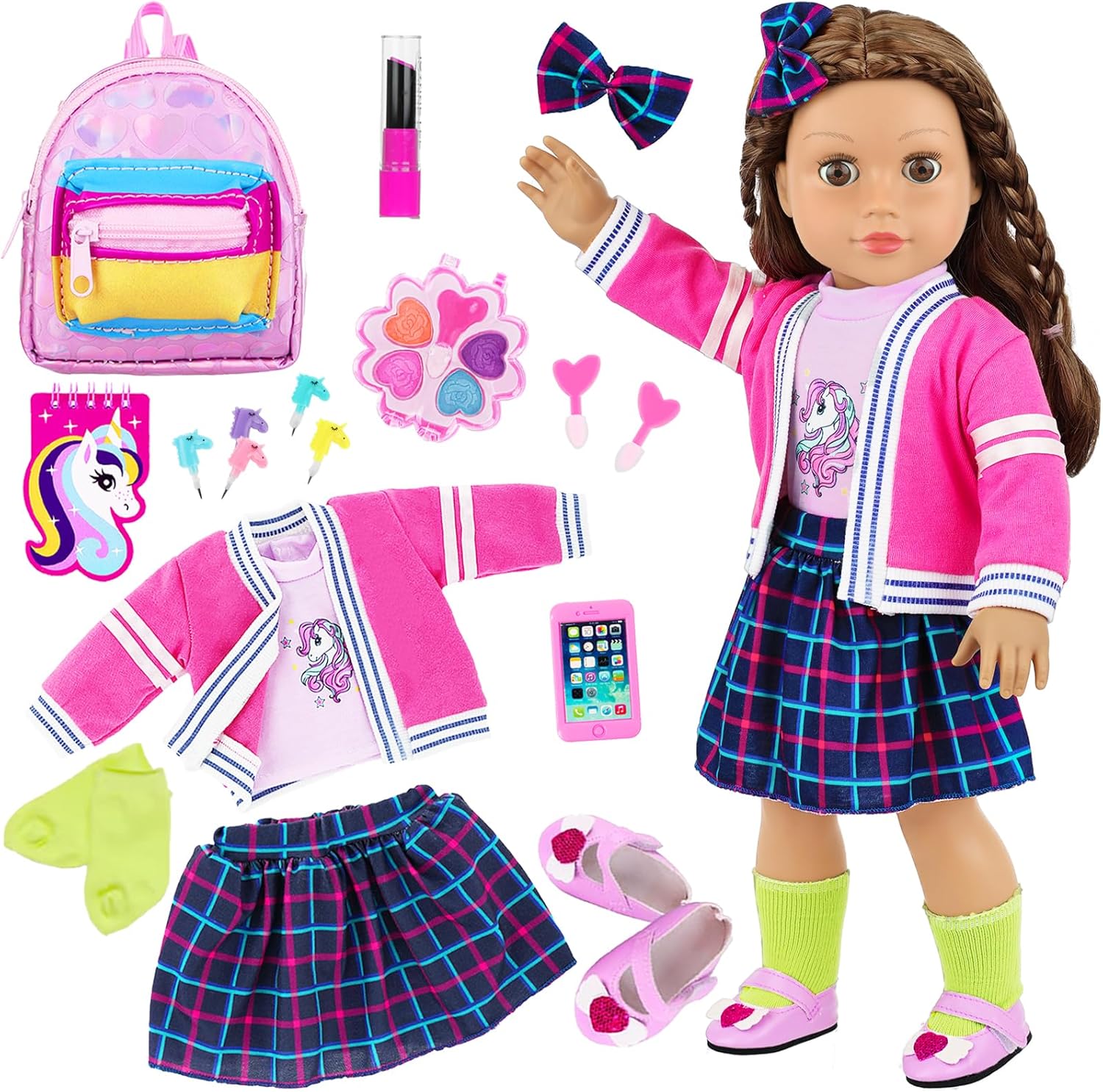 K.T. Fancy 18 Inch Doll British Style Fashion Set 14 PCS Clothes & Accessory Collection with School Bag, Unicorn Stationery,Makeup Tools for 18" Dolls