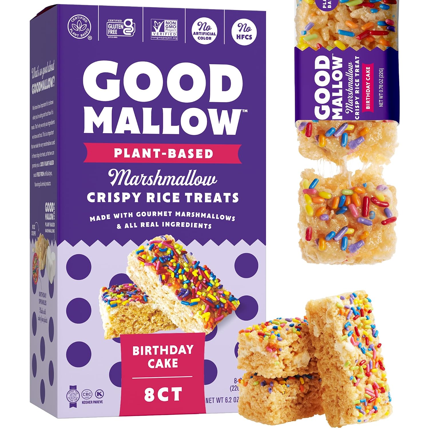 GoodMallow Vegan Rice Crispy Treats Individually Wrapped Box of 8 , Kosher Vegan Snacks, Gluten Free Dairy Free Snacks for Kids & Adults - Healthy Sweets Made with Gourmet Marshmallows , Made in USA (Birthday Cake)