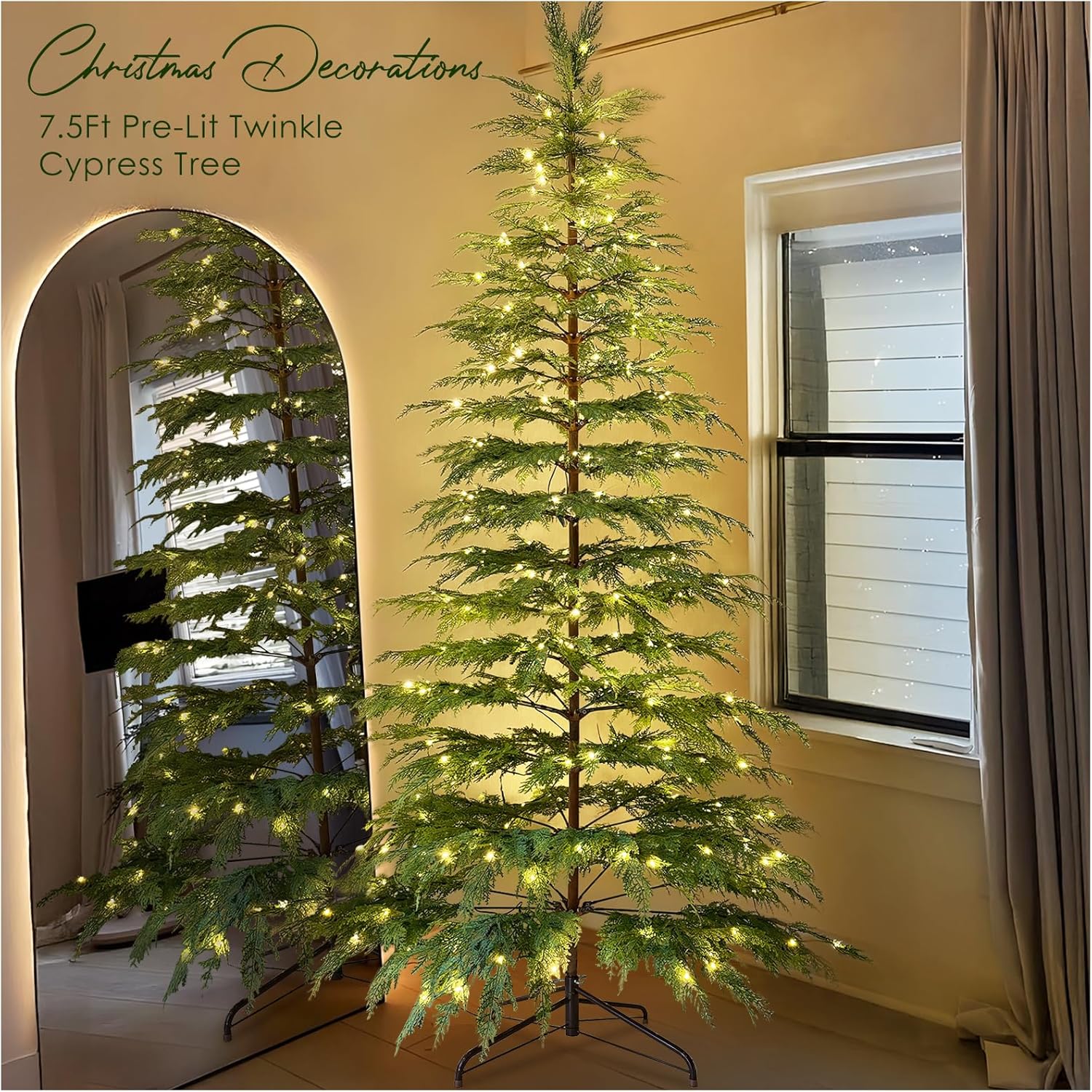 Christmas Decorations - 7.5 Ft Pre-Lit Twinkle Christmas Cypress Tree - Artificial Christmas Trees with 350 LED Lights - Xmas Holiday Decor for Indoor Home Party Living Room Office Decoration