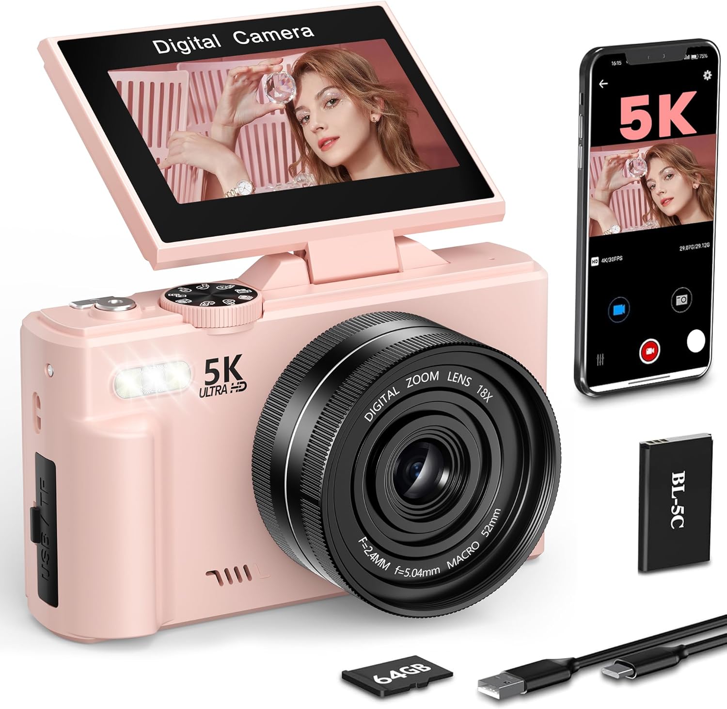 LONGYI Digital Camera 5K 75MP Cameras for Photography Vlogging with WIFI, 64GB Card, 18X Zoom,3.0" LCD 180° Flip Screen Compact Photo Camera for Travel Youtube Beginners Adults（Pink）