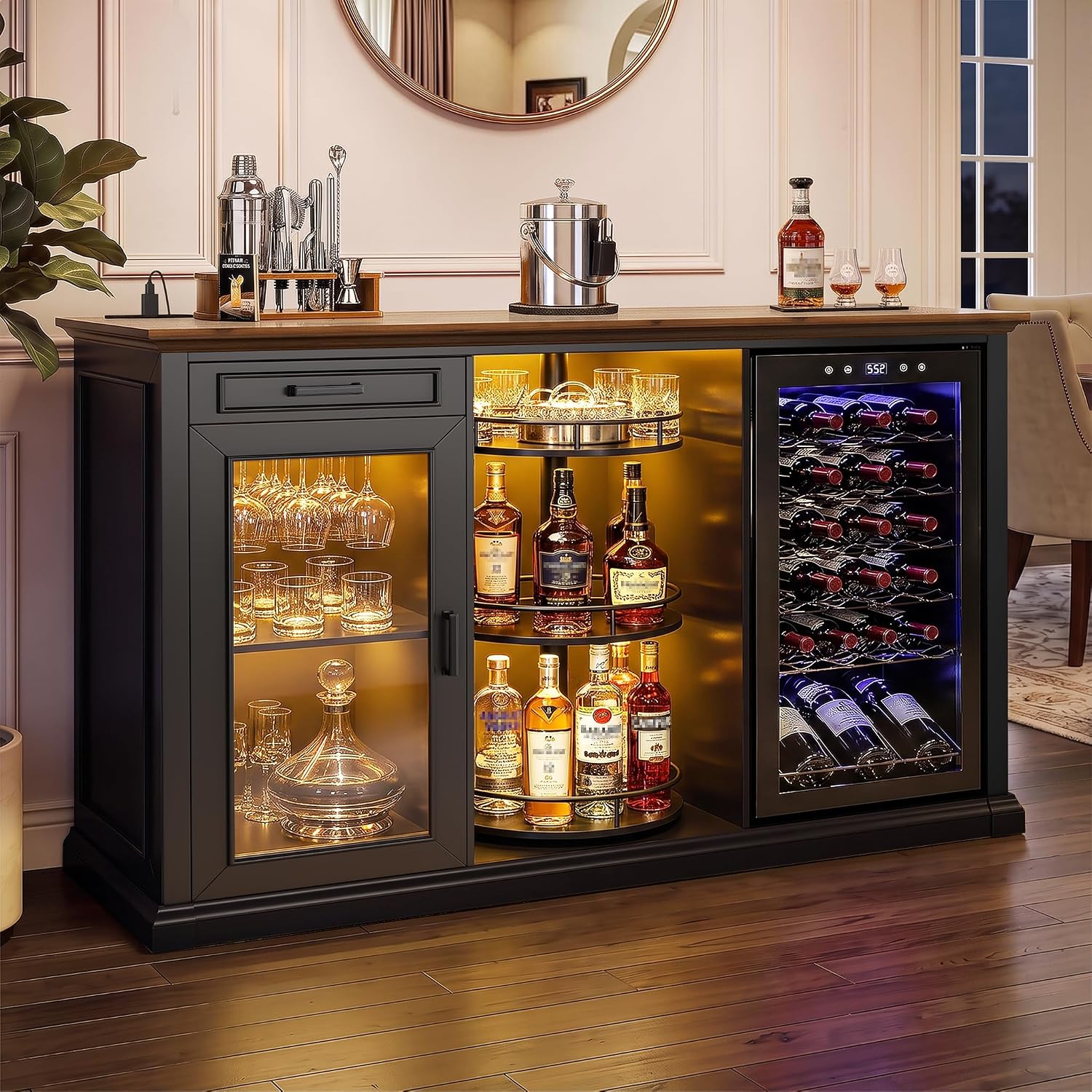GDLF 60.2-Inch Home Bar Cabinet with Fridge Space, Amber LED, Black/Walnut