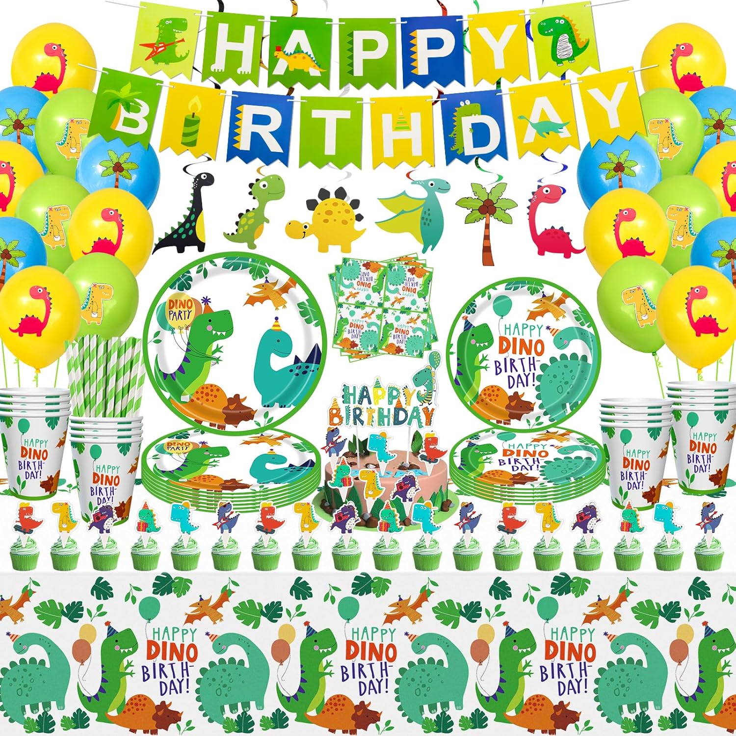 162 Pack Dinosaur Birthday Party Supplies Set Dinosaur Themed Tableware Set Dino Happy Birthday Banners Dinosaur Plates Dinosaur Tablecloths Dino Cups Napkins Dino T-Rex Party Decoration Set Serves 20