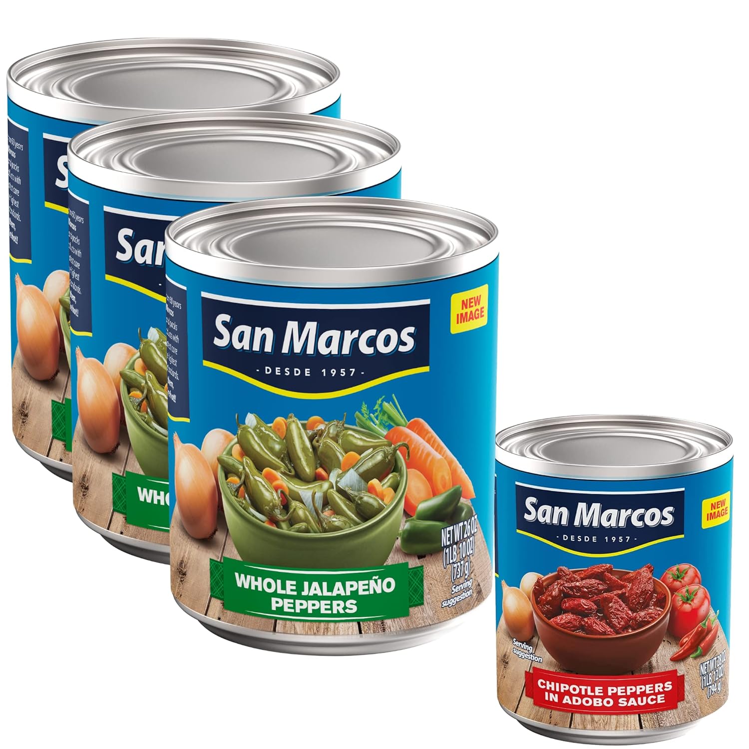 3 x San Marcos Whole Jalapeno Peppers, 26 oz and 1 x San Marcos, Chilpotle In Adobo Sauce, 7.5 Ounce