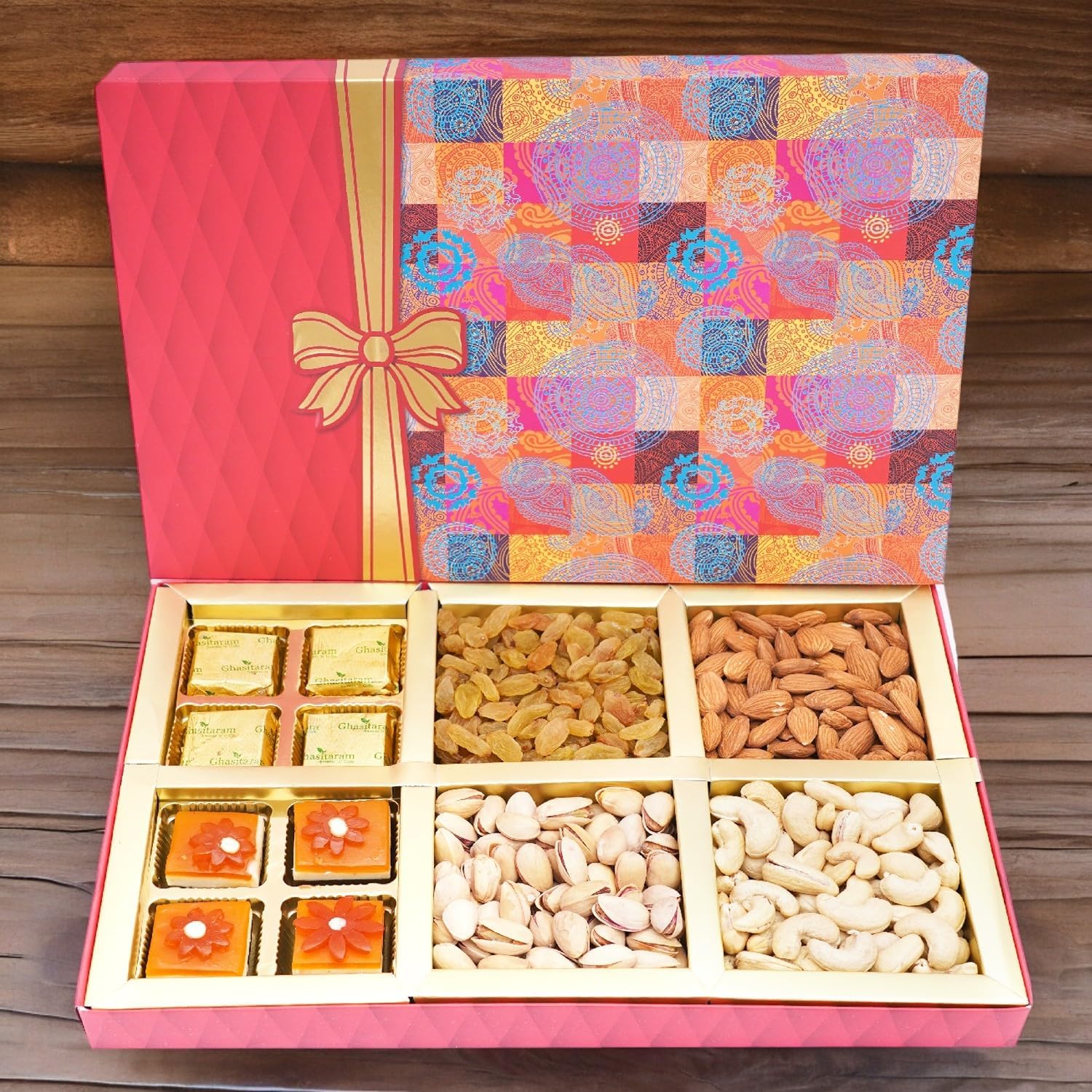 Ghasitaram Gifts Diwali Gifts Fruit n Nut Box of 4 Dryfruits, MEWA Bites and Mango Bites
