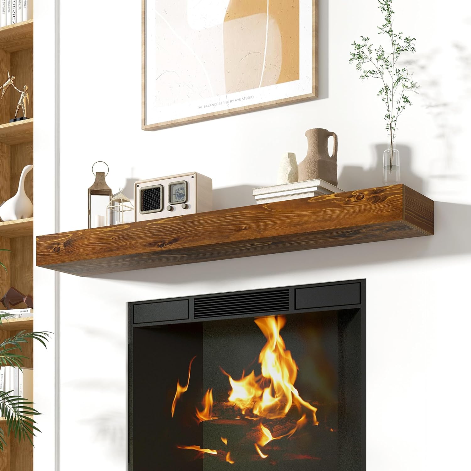 Floating Fireplace Mantel Shelves, 60x8x3 Inches Natural Wooden Floating Shelf for Over Fireplace, Wall-Mounted Mantel Shelf for Living Room and Home Decor, Rustic Traditional