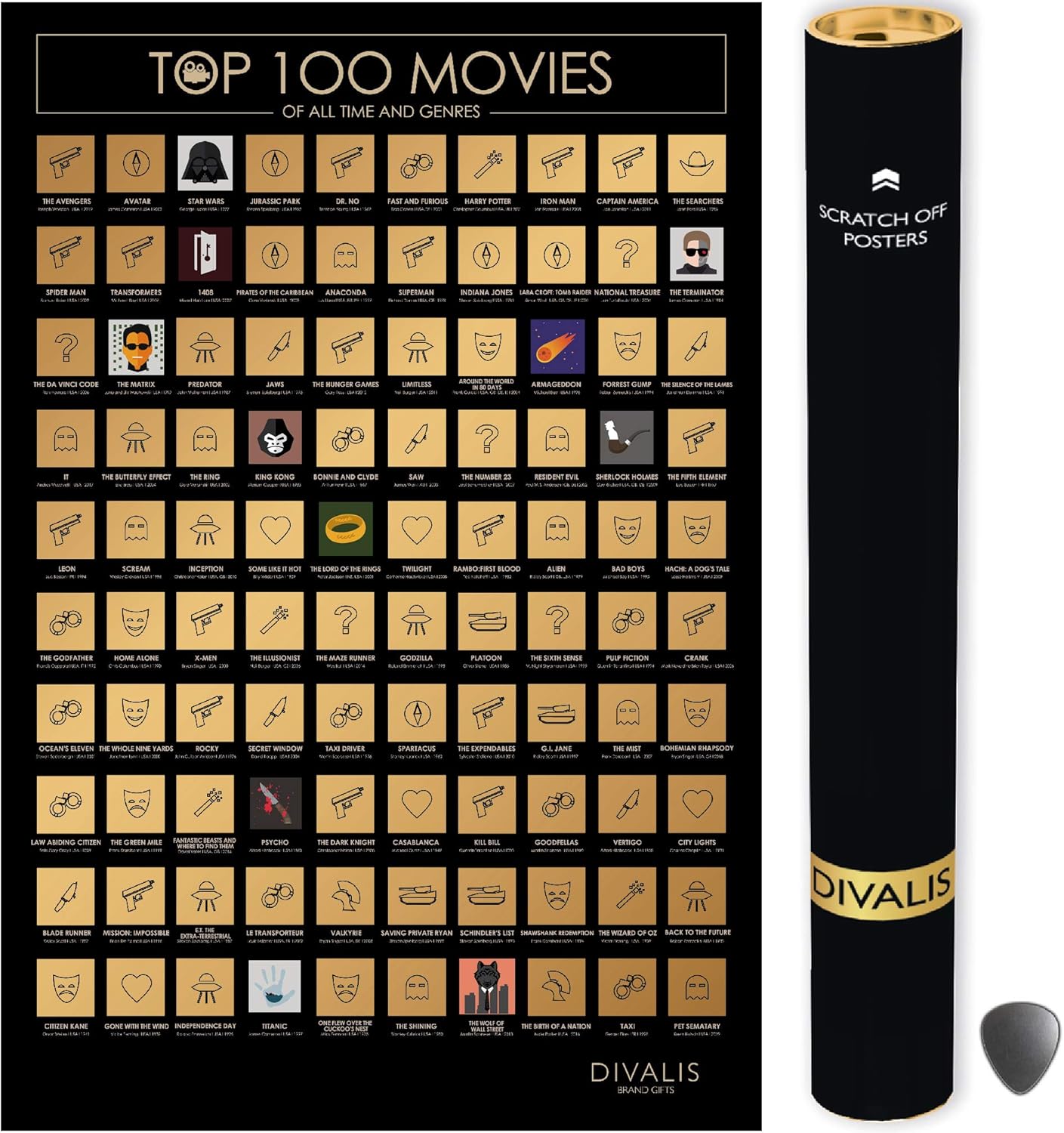 Divalis Top 100 Movies Scratch Off Poster - Easy to Frame Bucket List of Greatest Films to Watch - Scratchable Cinema Checklist Poster - Must See Movie Challenge Calendar