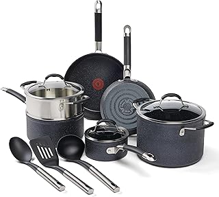 T-fal Stone Force Platinum Non Stick Cookware Set 12 Piece, Oven Broiler Safe 400°F, Kitchen Cooking Set w/Fry Pans, Saucepans, Dutch Oven, Tools, Steamer Insert, Lids, Cookware, Dishwasher Safe Black