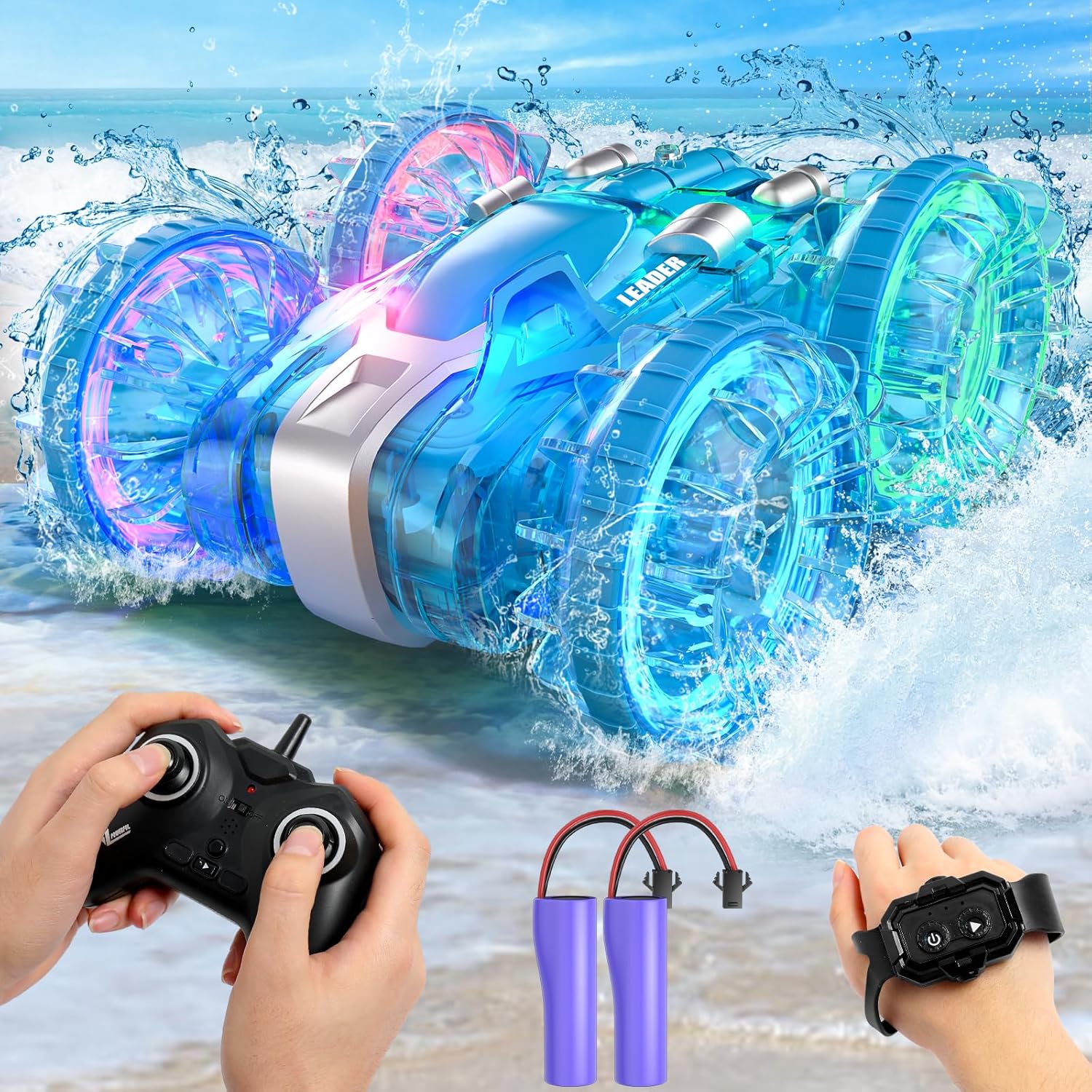 AYIQUTY Amphibious Remote Control Cars, Waterproof RC Stunt Car with Gesture Sensing and LED Light, RC Car Toys Gifts for 3-12 Years Old Boys Girls