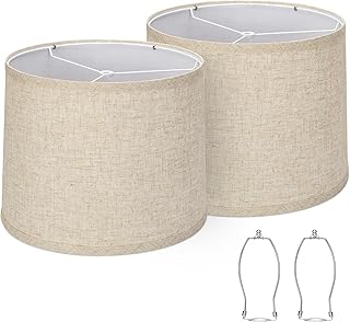 Lampshades Set of 2, Drum Lampshades 11.6" Top x 12.6" Bottom x 9.8" High, Seaside village Medium Lampshades (Spider Fitter), Beige Lampshades Natural Linen Hand Crafted, Easy Assembly Required