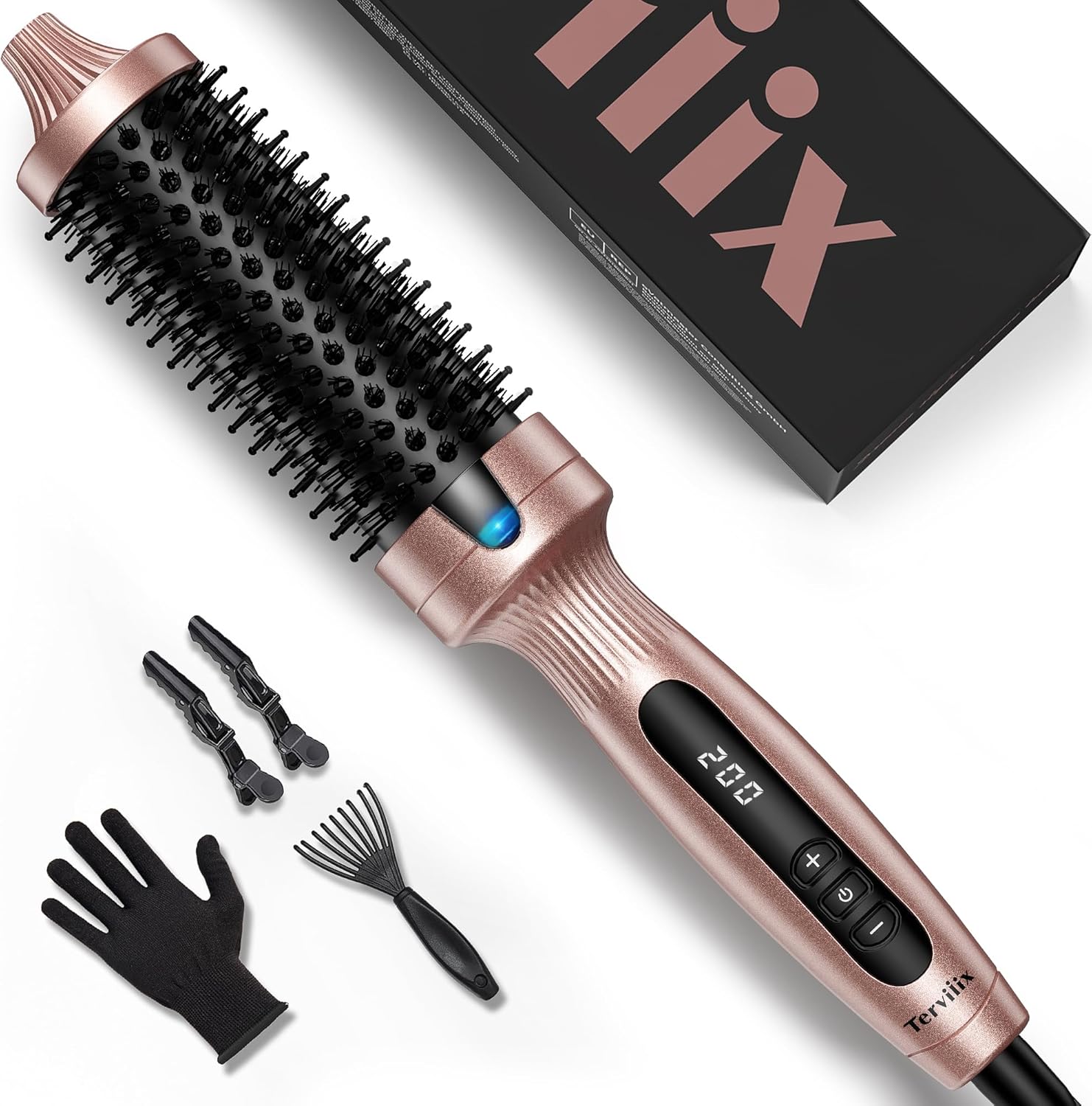 Terviiix Thermal Brush Ceramic Tourmaline Ionic Curling Iron, 38MM Volumizing Hot Brush Create Root Volume & Loose Curls, Digital Display 5 Temperatures Heated Volumizer, Dual Voltage