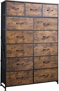 WLIVE Tall Dresser for Bedroom with 13 Drawers, Storage Dresser Organizer Unit, Fabric Dresser for Bedroom, Closet, Chest of Drawers, Steel Frame, Wood Top, Rustic Brown Wood Grain Print