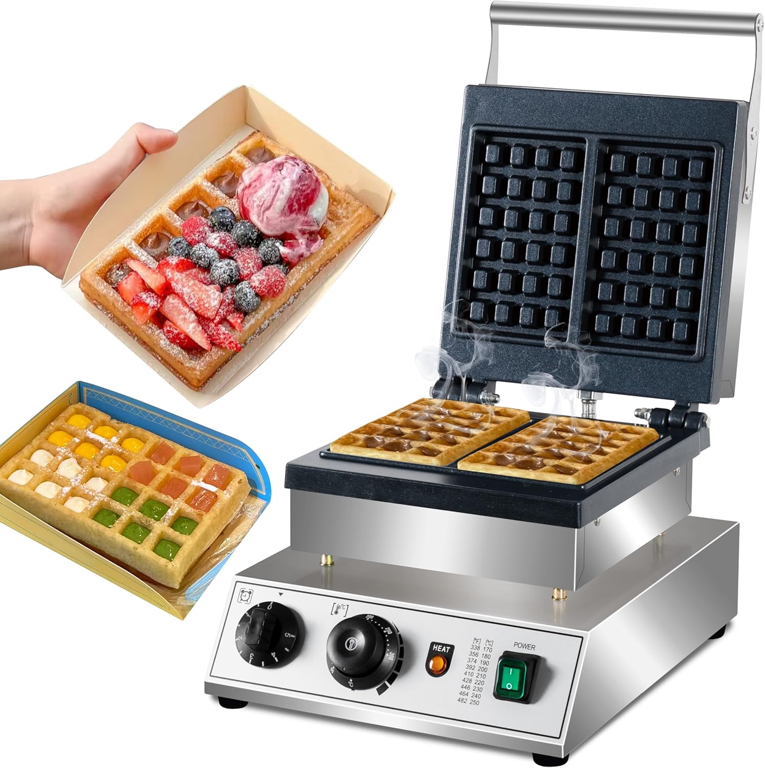 Commercial Waffle Maker, 1600W rectangle Waffle Iron, Non-Stick Belgian Waffle Baker Machine With Temp Range and Time Control, Teflon-Coated Baking Pan Stainless Steel Body