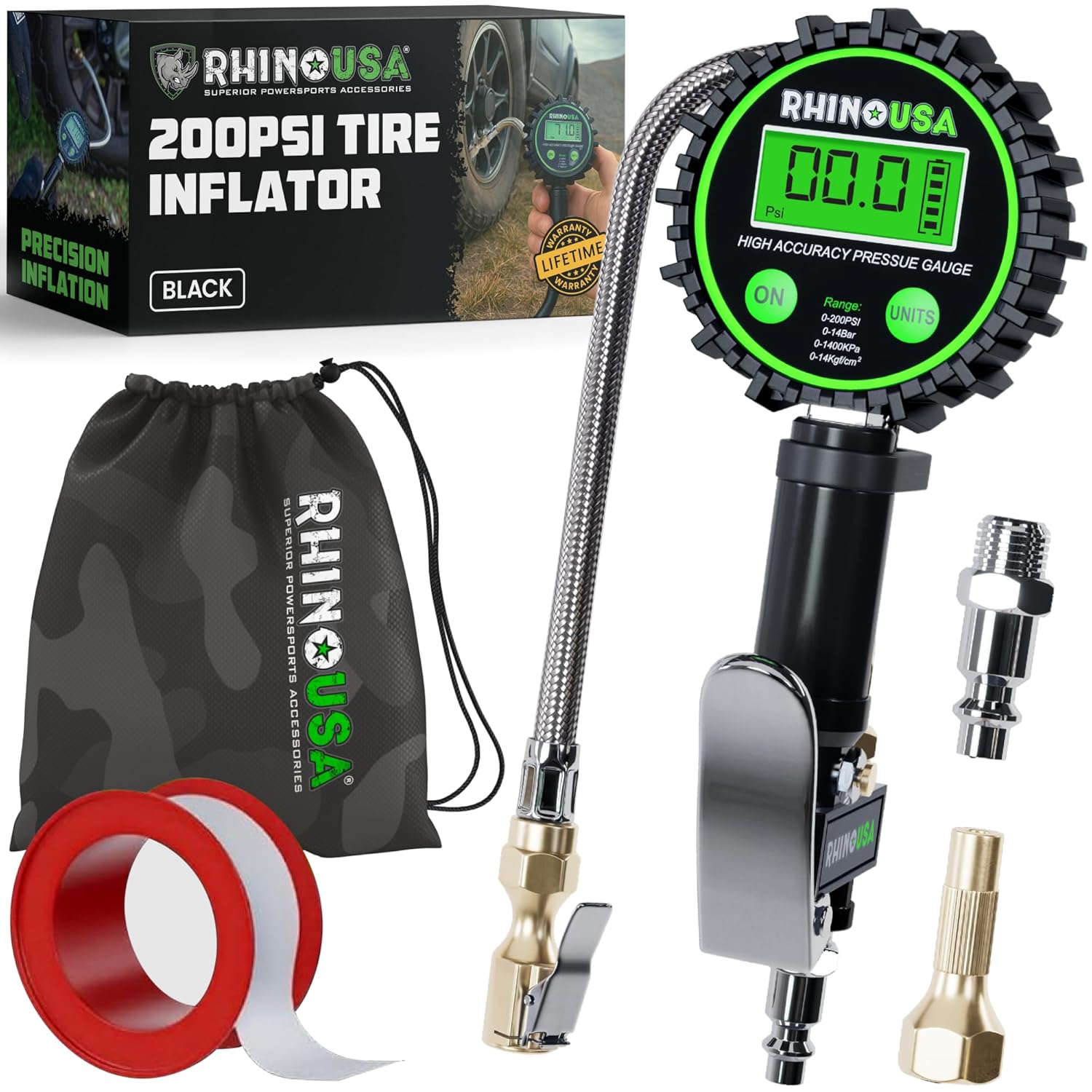 Rhino USA Digital Tire Pressure Gauge with Inflator (0-200 PSI) - Heavy Duty Air Chuck and Compressor Accessories with Stainless Braided Hose, Large 2" Dial and Solid Brass Hardware for Truck and RV
