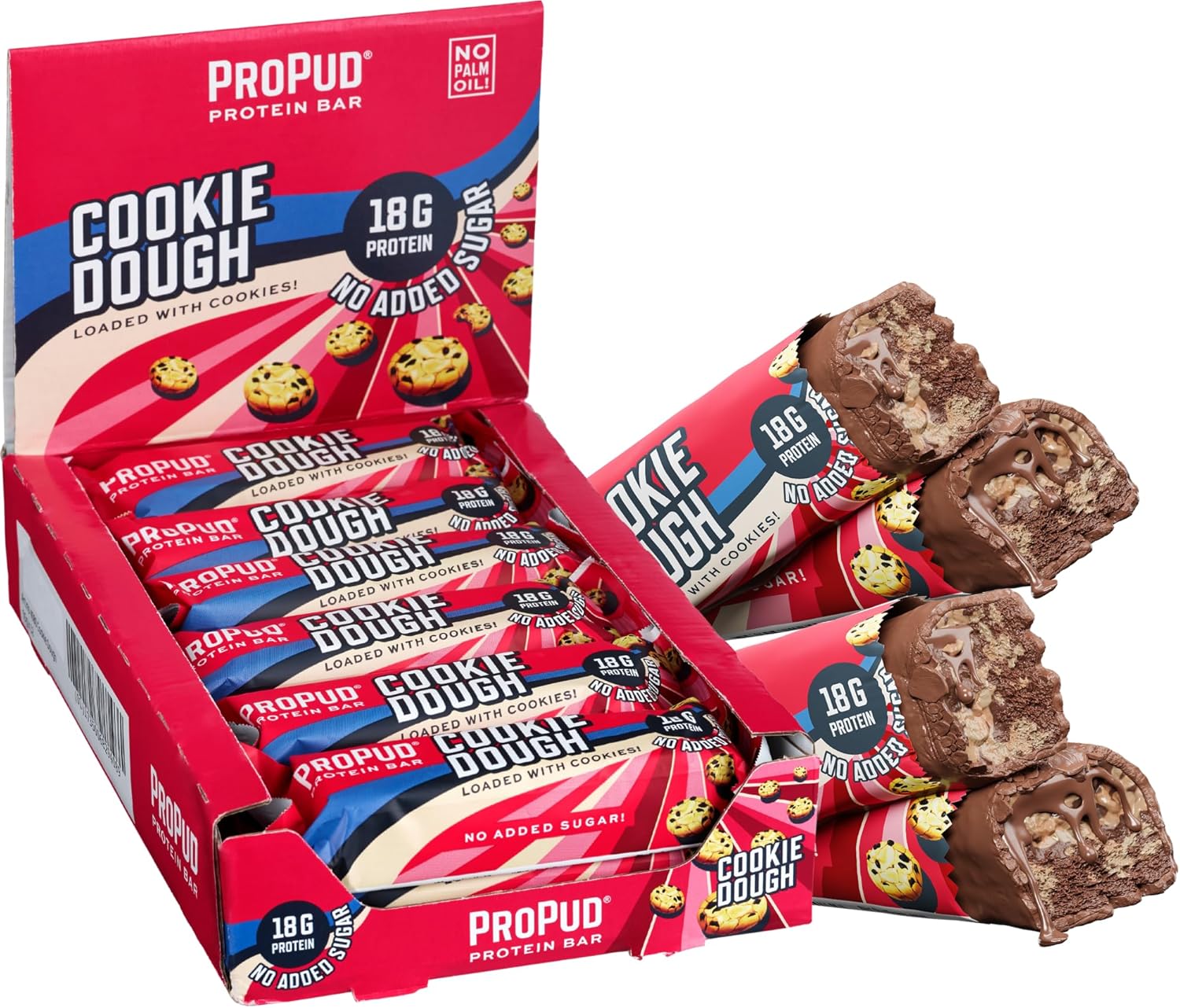 ProPud Cookie Dough High Protein Bar 18g Protein (12x55g), Smooth Cookie Dough and Loaded with Cookie chunks, No Added Sugar, Perfect Pre and Post Workout Nutrition