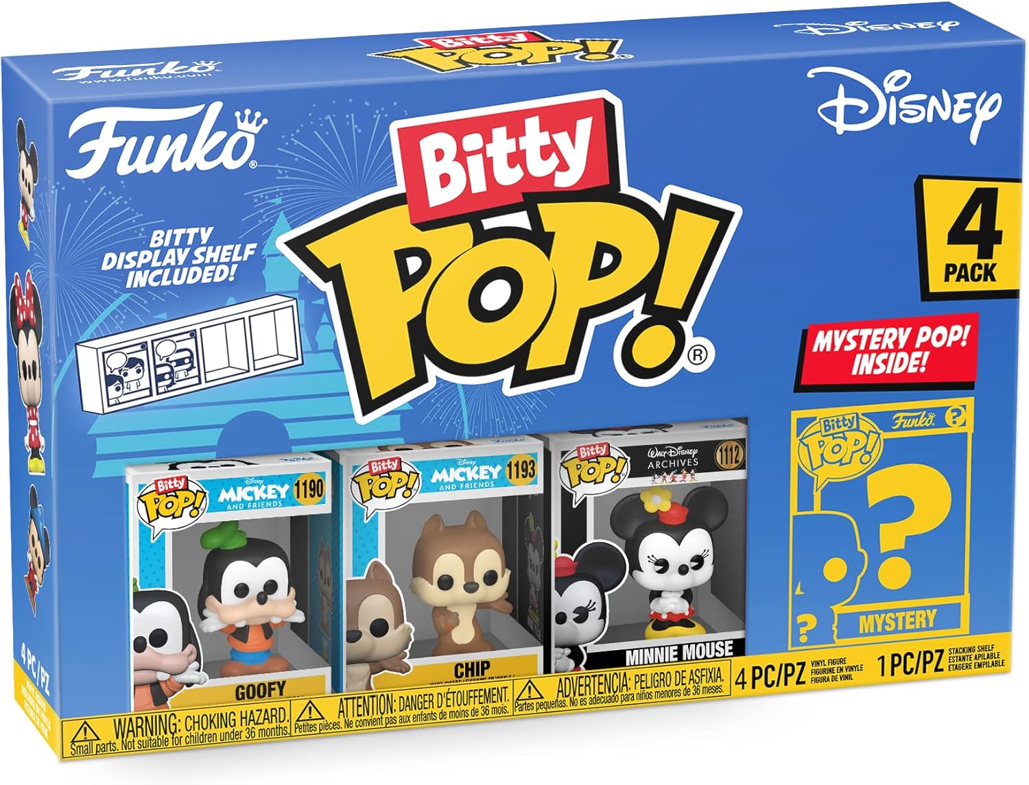 Funko Bitty POP! Disney - Goofy, 4-Pack - Goofy, Chip, Minnie Mouse (Hands Folded) and A Surprise Mystery Mini Figure - 0.9 Inch (2.2 Cm) Collectable - Stackable Display Shelf Included - Gift Idea