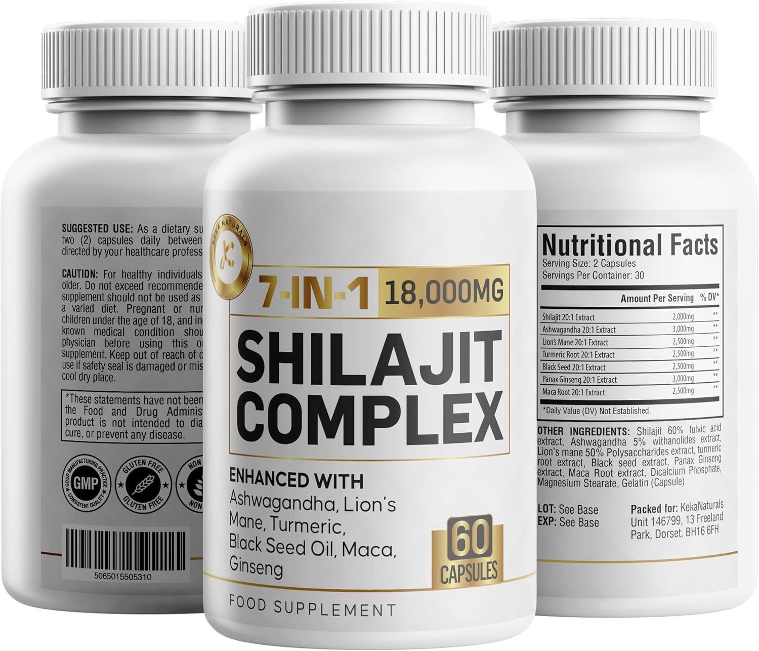 Shilajit with Ashwagandha, Lion’s Mane, Maca Root, Turmeric, Ginseng, Black Seed Oil - High Strength, 60 Capsules