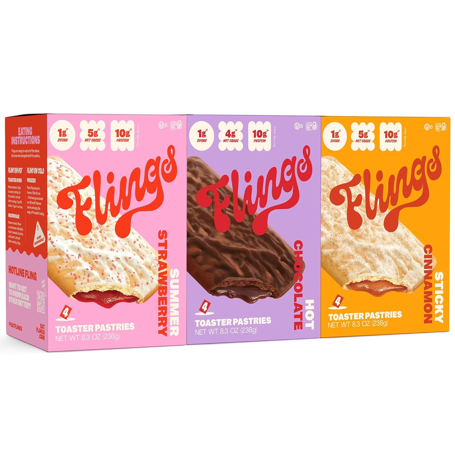 FLINGS Toaster Pastries - Variety Pack | High Protein, No Sugar Added, Low Carb, Gluten Free, Keto Friendly | 3 Pack (12 Toaster Pastries) | High Protein Keto Breakfast Snack