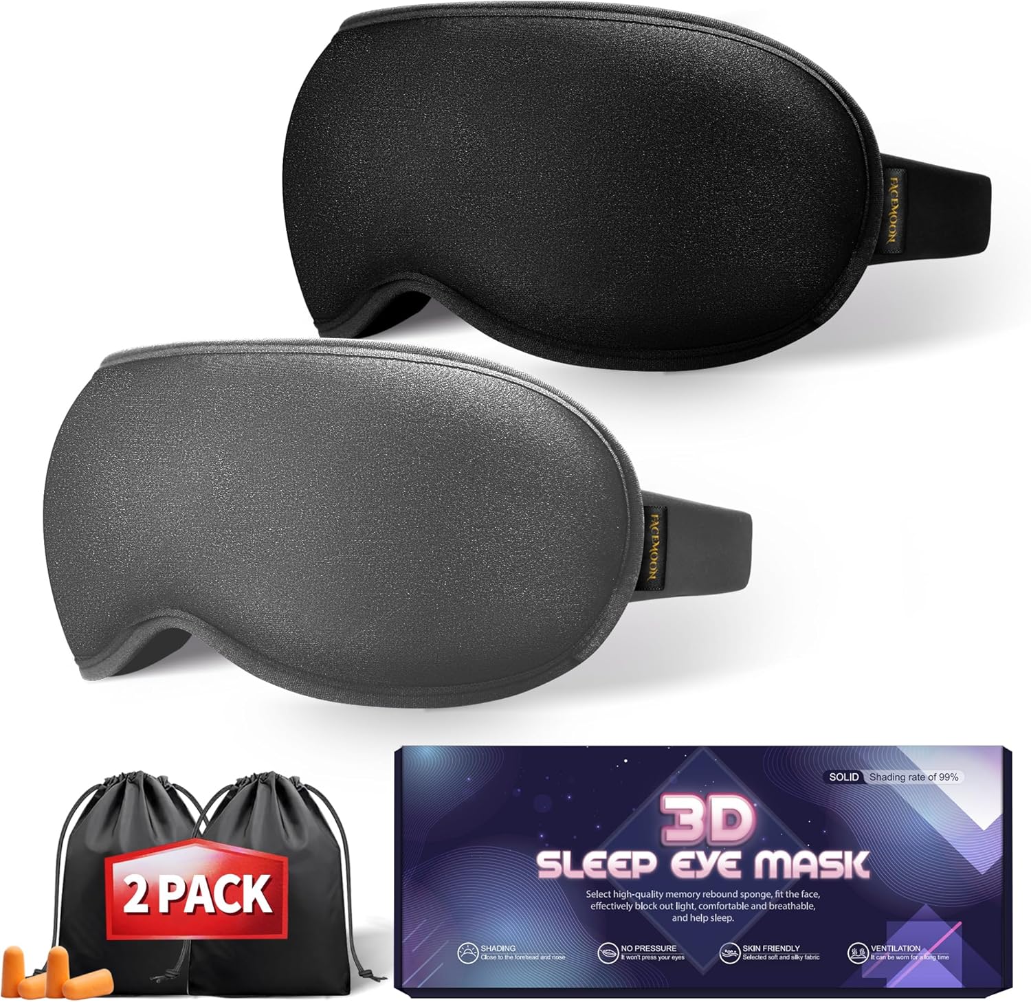 Weighted Sleep Mask for Men Women(2 Pack), 3D Contoured Eye Cover for Lash Extensions, Best Blackout Blindfold for Meditation, Airplane Travel, Memory Foam, Adjustable Strap