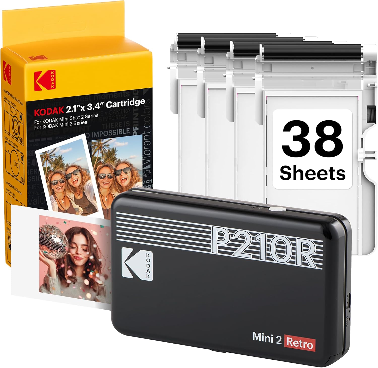 KODAK Mini 2 Retro 2x3 Portable Photo Printer, 4PASS, 38 Sheets, Black