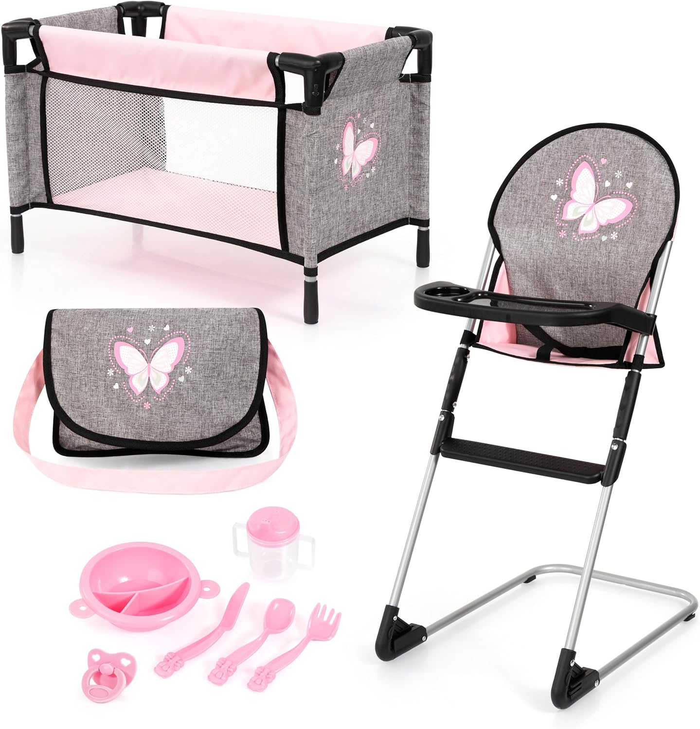 Bayer 9-in-1 Travel Doll Accessories Bed Set with High Chair - Complete Baby Doll Cot Set - Play Mat, Feeding & Storage Bag for 46cm Dolls - Role Play Birthday Gifts for Girls, Boys