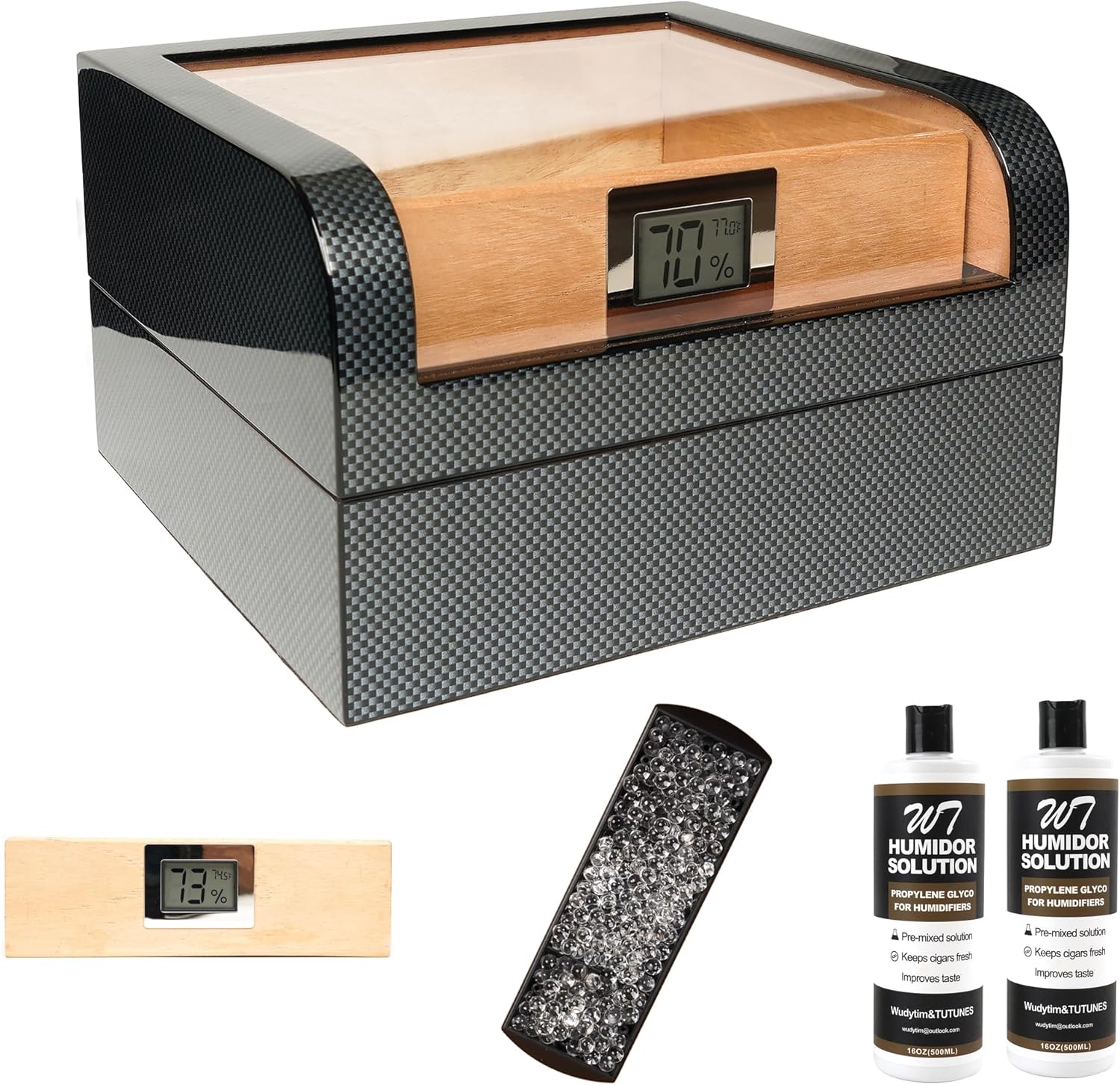 TUTUNES&Wudytim Cigar Humidor, Handcrafted Top 270° Elegant Glossy Spanish Cedar Cigar Box with Easy Humidification System, Accurate Digital Hygrometer