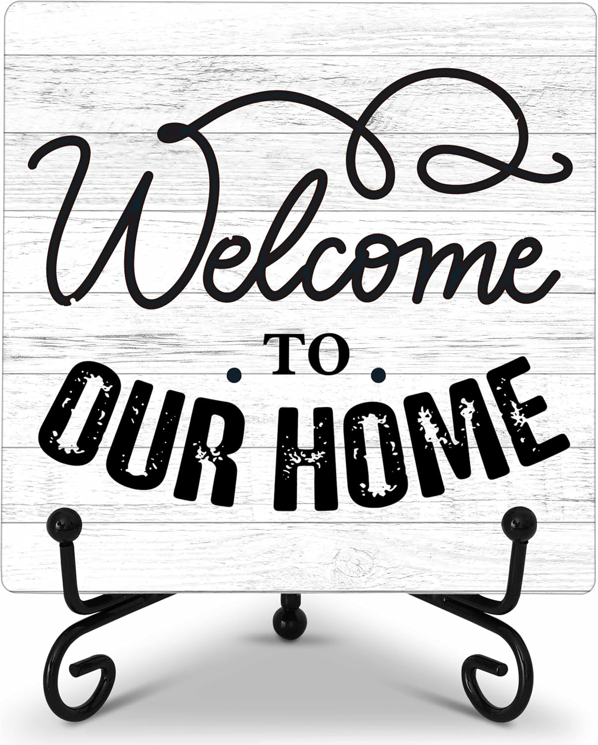Welcome Home Sign, Farmhouse Wooden Plaque with Iron Stand for Desk Shelf Decor - A16