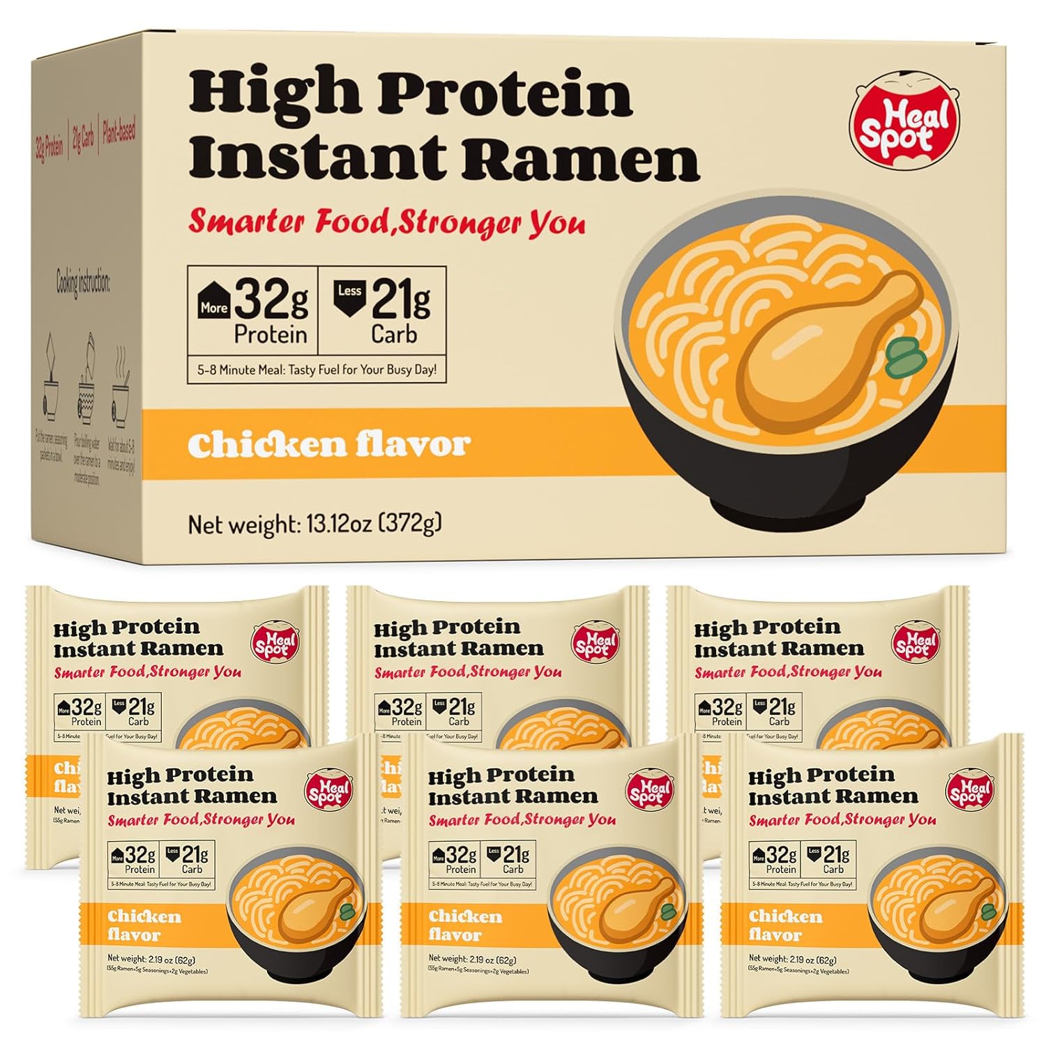 HealSpot High Protein Instant Ramen, 6 Pack Non-Fried Ramen Broth, 32g Plant-Based Protein, Low Fat, Low Carb, Non-GMO, Keto Friendly & Plant Based(Chicken Flavor)