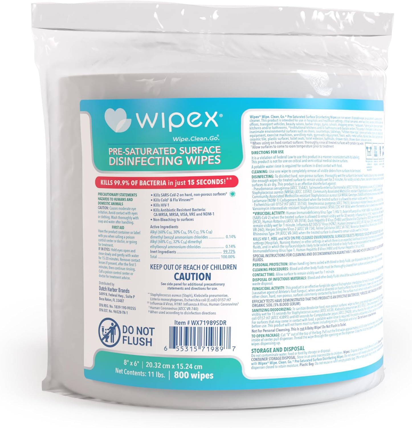 Wipex Gym Wipes Antibacterial Refills - EPA Registered Bulk Size Disinfecting Cleaning Wipes for Dispensers, Safely Kill Viruses and Bacteria in 15 Seconds, Sanitize Fitness & Gym Equipment 800 Count