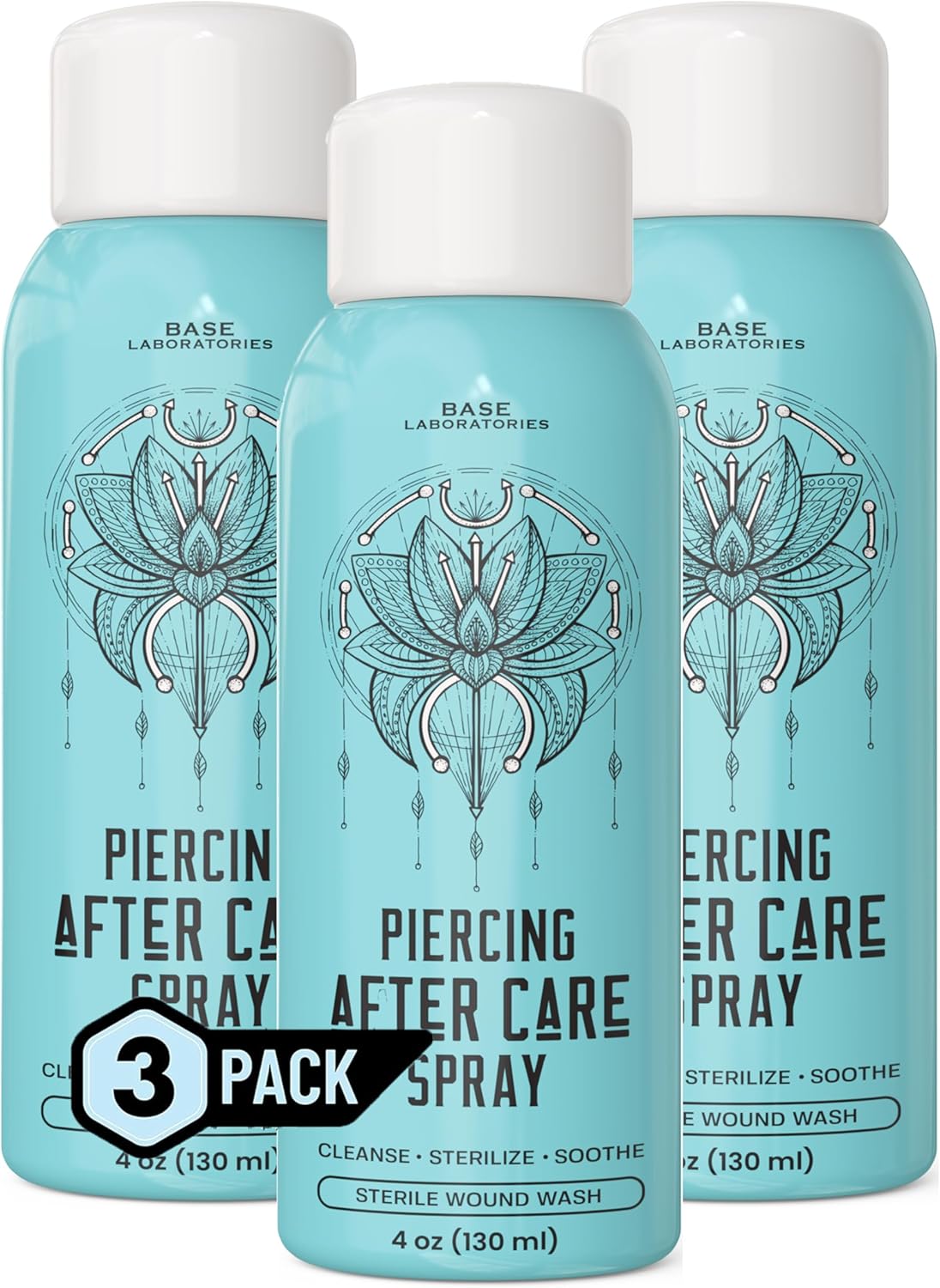 BASE LABORATORIES Piercing Aftercare Spray 4oz Cleaning Solution Cleanses, Sterilizes & Soothes - Saline for Ears, Nose, Body, Belly Piercings Pack of 3, 360.0 millilitre
