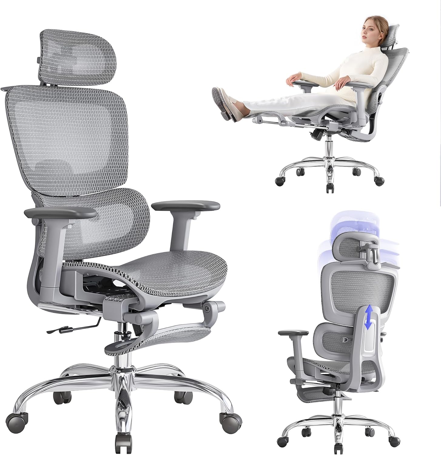 LarkLeaves Ergonomic Office Chair with Footrest, 5-Level Height Adjustable Backrest, 2D Lumbar Support, 3D Armrests and Headrest, 145° Tilting Function for Office/Study/Library, Grey Mesh