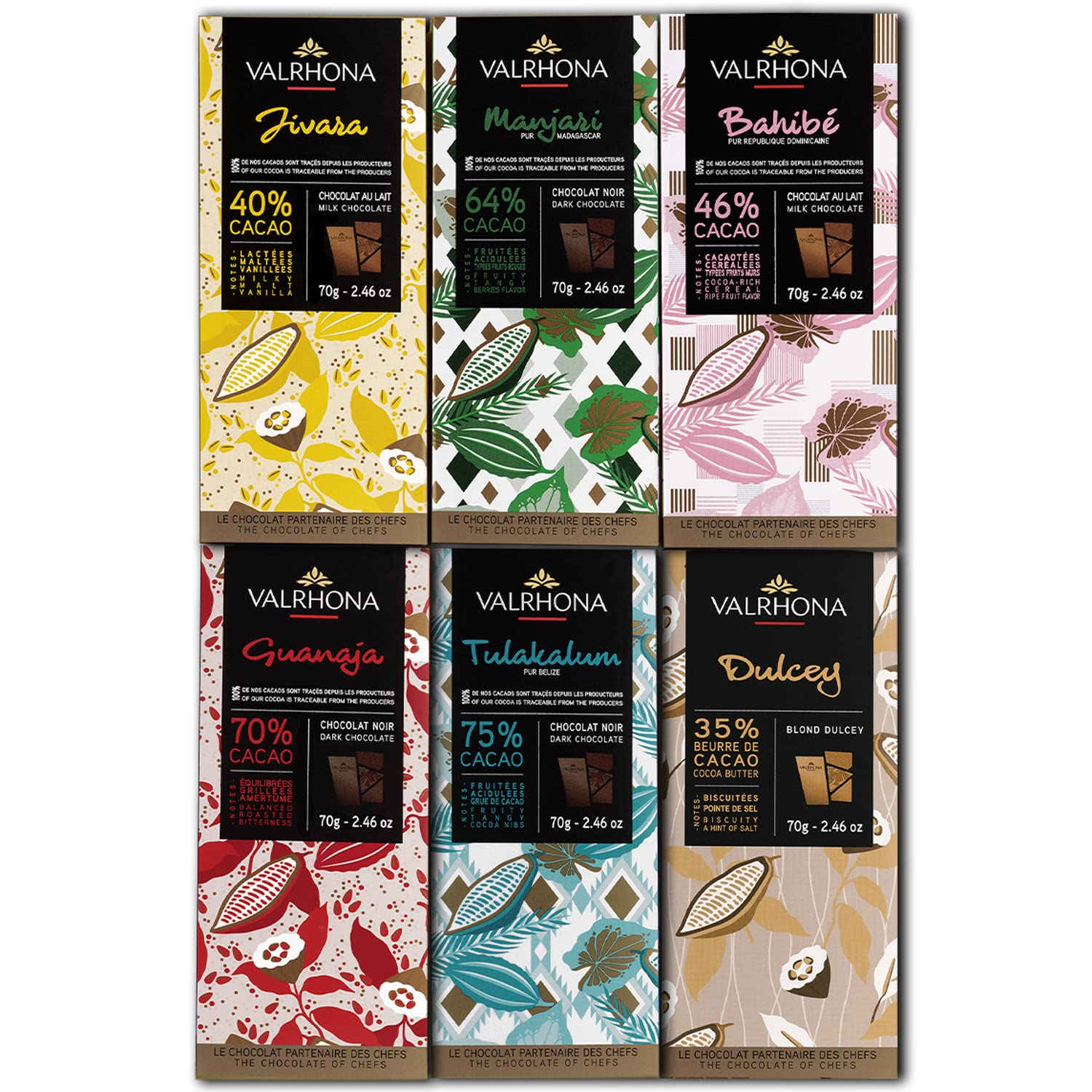 Valrhona Tasting Bar Gift Set ASSORTMENT. 6 Exquisite Tasting Bars - Perfect For Your Chocolate Obsessed Loved One. Grand Cru Bars from Dark to Light & In Between. Great for Baking! 70g (Pack of 6)