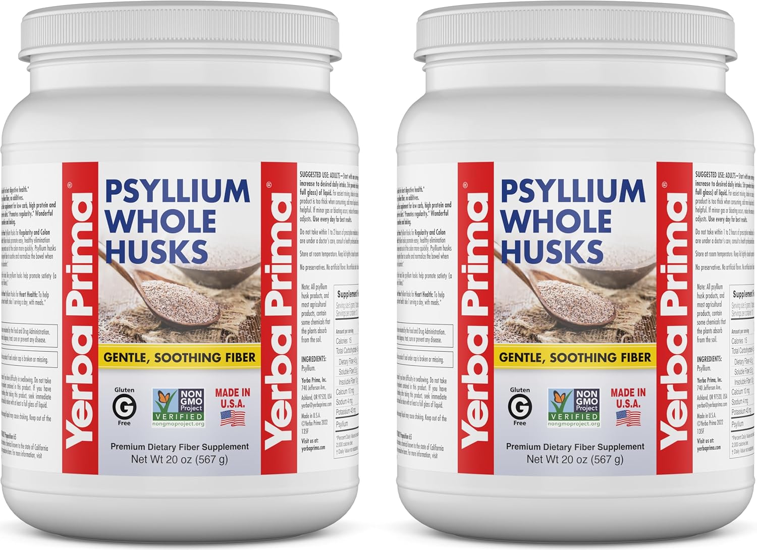 Yerba Prima Whole Psyllium Husk Fiber Supplement 20 oz (Pack of 2) - Vegan, Gluten Free, Non-GMO