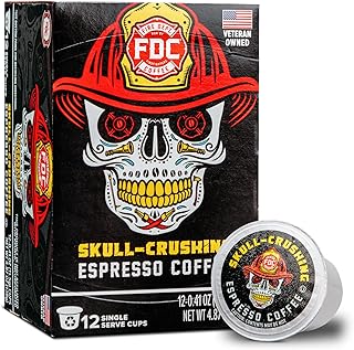 Fire Department Coffee - Gives Back to Firefighters - Skull Crushing Espresso Coffee Pods - Full-Bodied & Bold - Roasted in the USA - Premium Espresso K Cups - Veteran Owned - 12 Single Pods