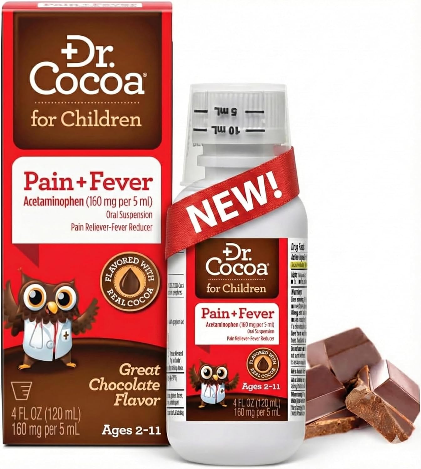 Children's Pain Relief & Fever Reducer | Acetaminophen 160mg/5mL | Real Chocolate Flavor Kids Love | Ages 2-11 | Dye-Free, No HFCS | 4 FL OZ with Dosing Cup