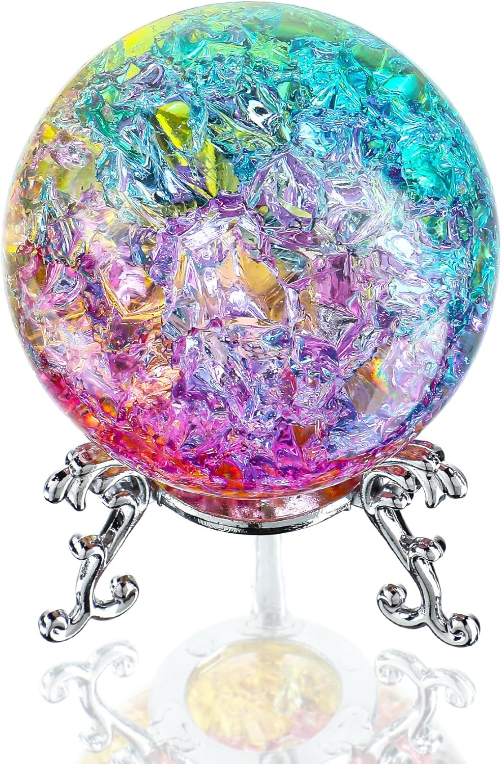 ZEERSHEE 60mm Colorful Ice Cracked Crystal Ball with Stand Decorative Glass Ball Paperweight for Home Wedding Office Decor
