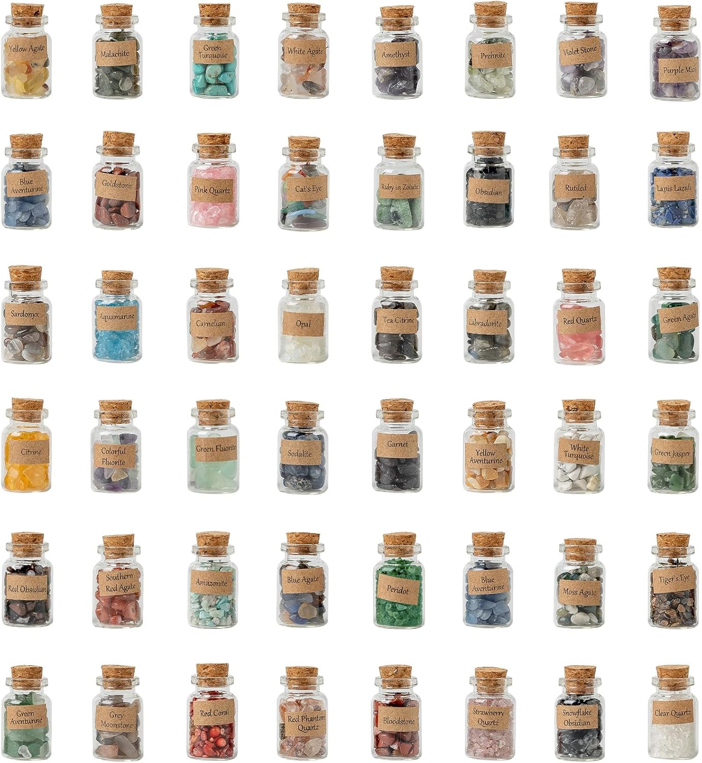 KHOCOEE 48pcs Different Crystals and Healing Stones, Gemstone and Crystals Bottles, Chakra Healing Crystals for Witchcraft, Great Choice for Gift, Collection and Home Decor