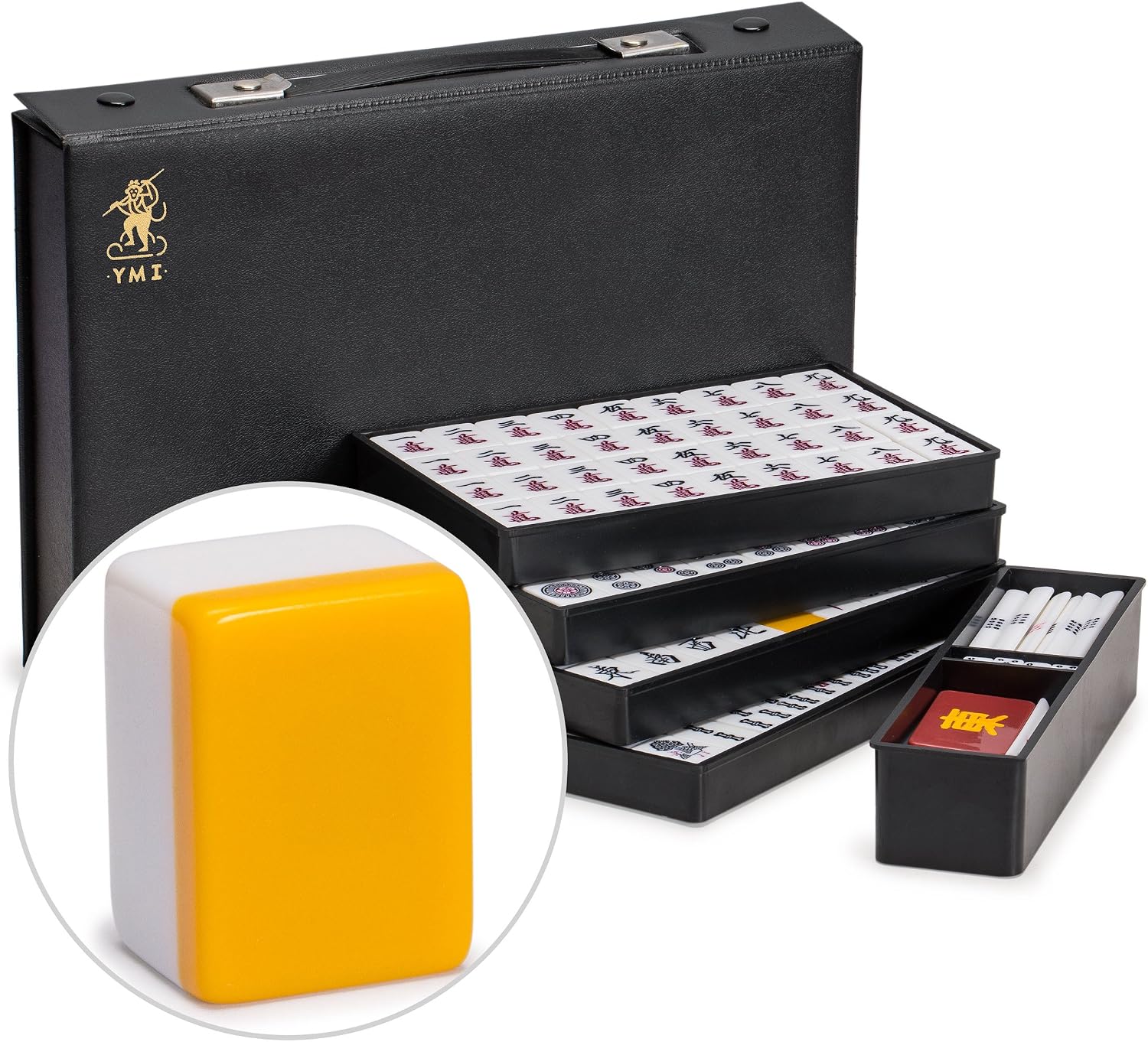 YMI Japanese Riichi Mahjong Set, White & Yellow Tiles | Japanese Riichi Mahjong set, 144 white/yellow tiles, 4 trays, dice, scoring sticks, east wind tile, vinyl case, 2.5 kg.
