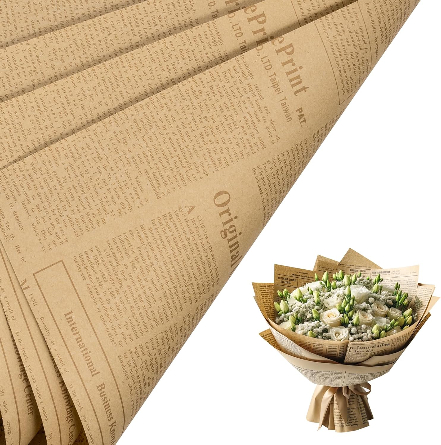 LeZakaa 20 Sheets Kraft Newsprint Flower Wrapping Paper -Reversible Floral Bouquet Paper -Brown Font Kraft Newsprint Design for Valentine's Day, Mother's Day, Parties, Birthdays, Weddings, Baby Shower