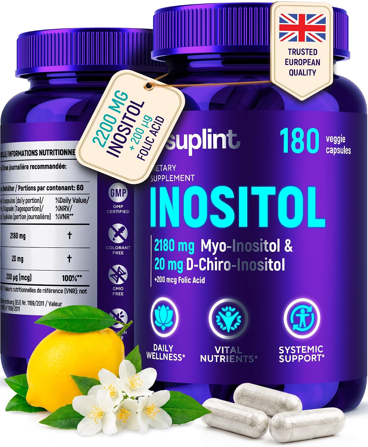 Myo-Inositol & D-Chiro Inositol Complex 2200 mg – 180 Vegan Capsules | 200 mcg Folic Acid – 3/Day, 60-Day Supply – Cycle & Hormonal Support – PCOS Supplement – Lab Tested & GMP Certified