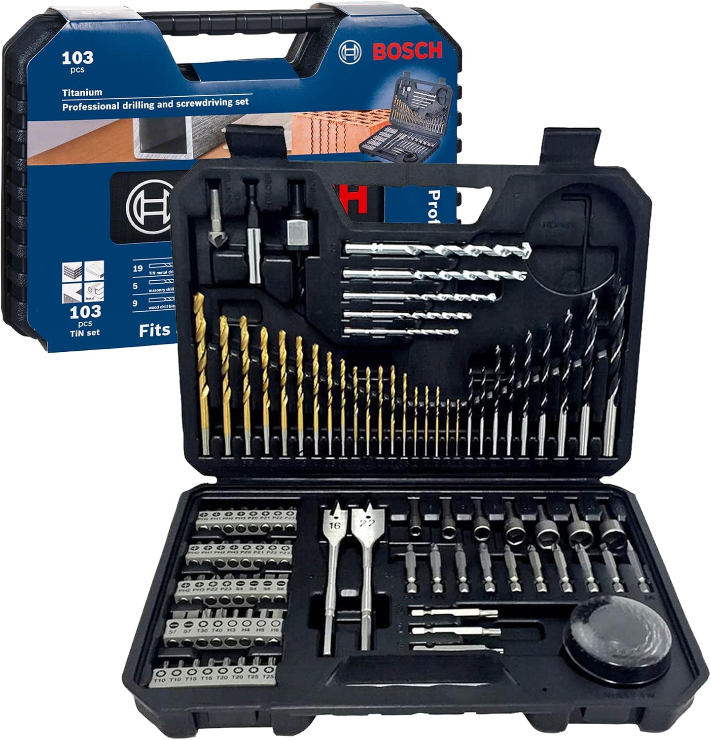 Bosch 103 pcs Mixed Screwdriver and Drill Bit Titanium Accessory Set (for Wood, Stone, Metal, for Screwdrivers and Drills)