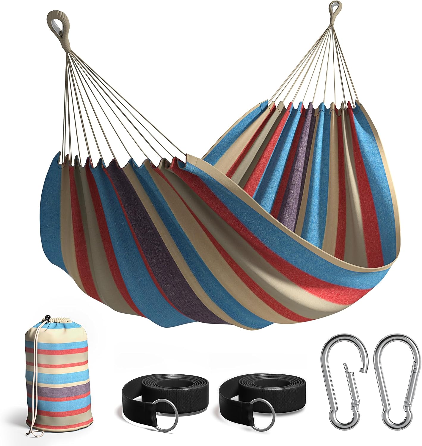 Sorbus Brazilian Double Hammock, Cotton Bed (Blue/Sand/Purple/Red Stripes) | Portable extra-long two-person design includes rope and a carrying pouch for patios, yards, bedrooms and outdoor spaces.