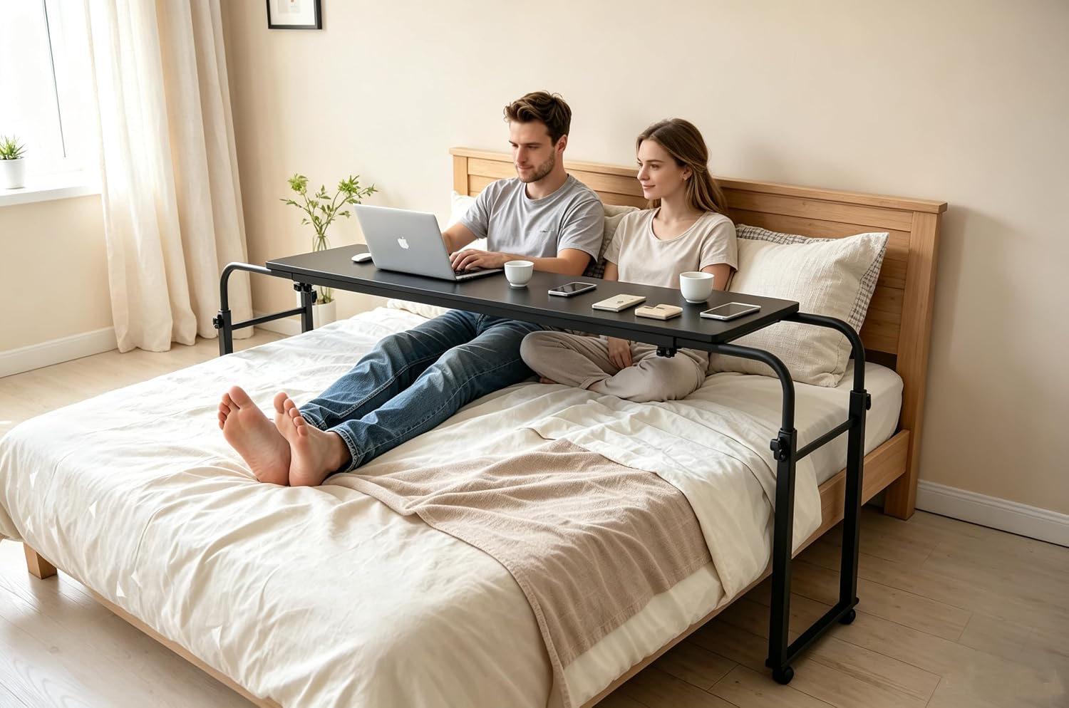 Overbed Bedside Table with Wheels Portable Rolling Laptop Desk Cart Computer Table Over The Bed Table Adjustable Height and Length with Tilt Stand Board for Bed Hospital Home and Office (Black-M)
