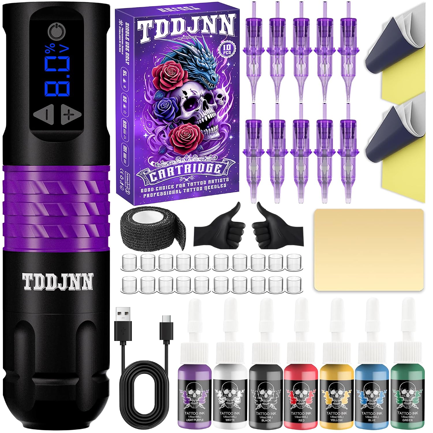 Purple Wireless Tattoo Pen Kit with Ink and Needles for Beginners