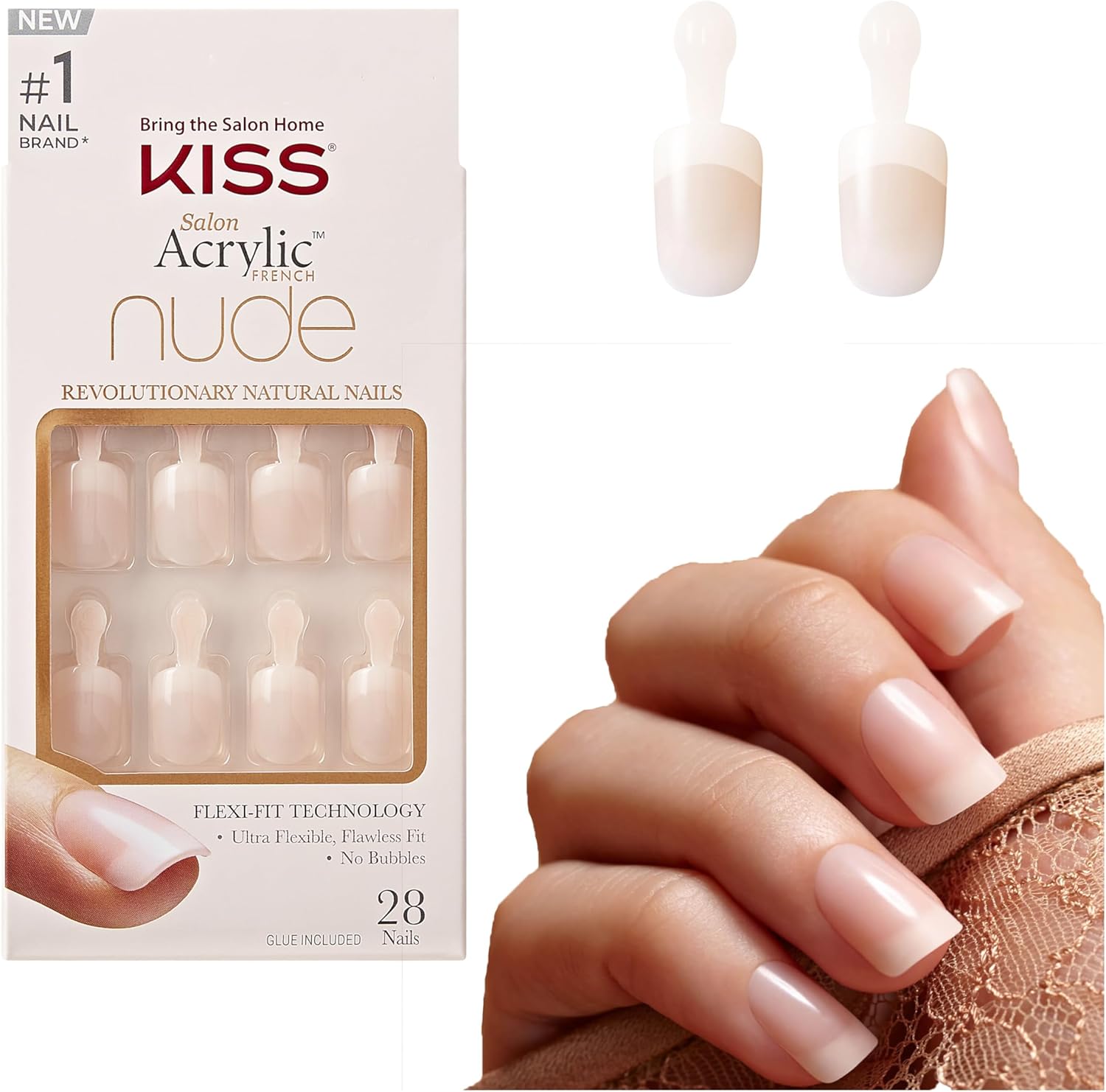 KISS Salon Acrylic French Nude Collection, Breathtaking, Real Short Length Nude Fake Nails, Includes 28 False Nails, Nail Glue, Nail File, and Manicure Stick