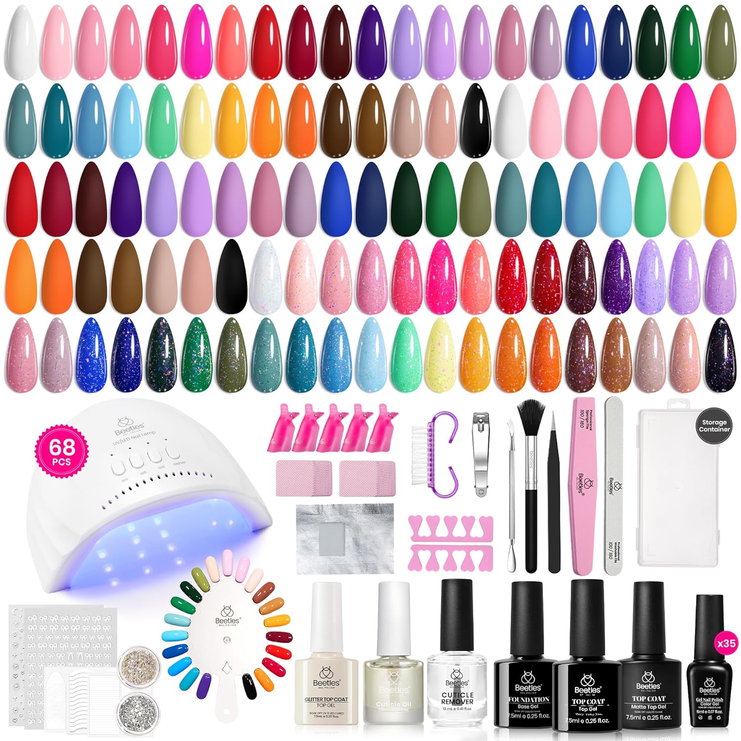 Beetles Gel Nail Polish Kit with U V Light 69 Pcs Emotional Spectrum 35 Colors Gel Polish Nail Kit with Base and Matte&Glossy Top Coat Soak Off All Season DIY Set Manicure Tools Gifts for Women