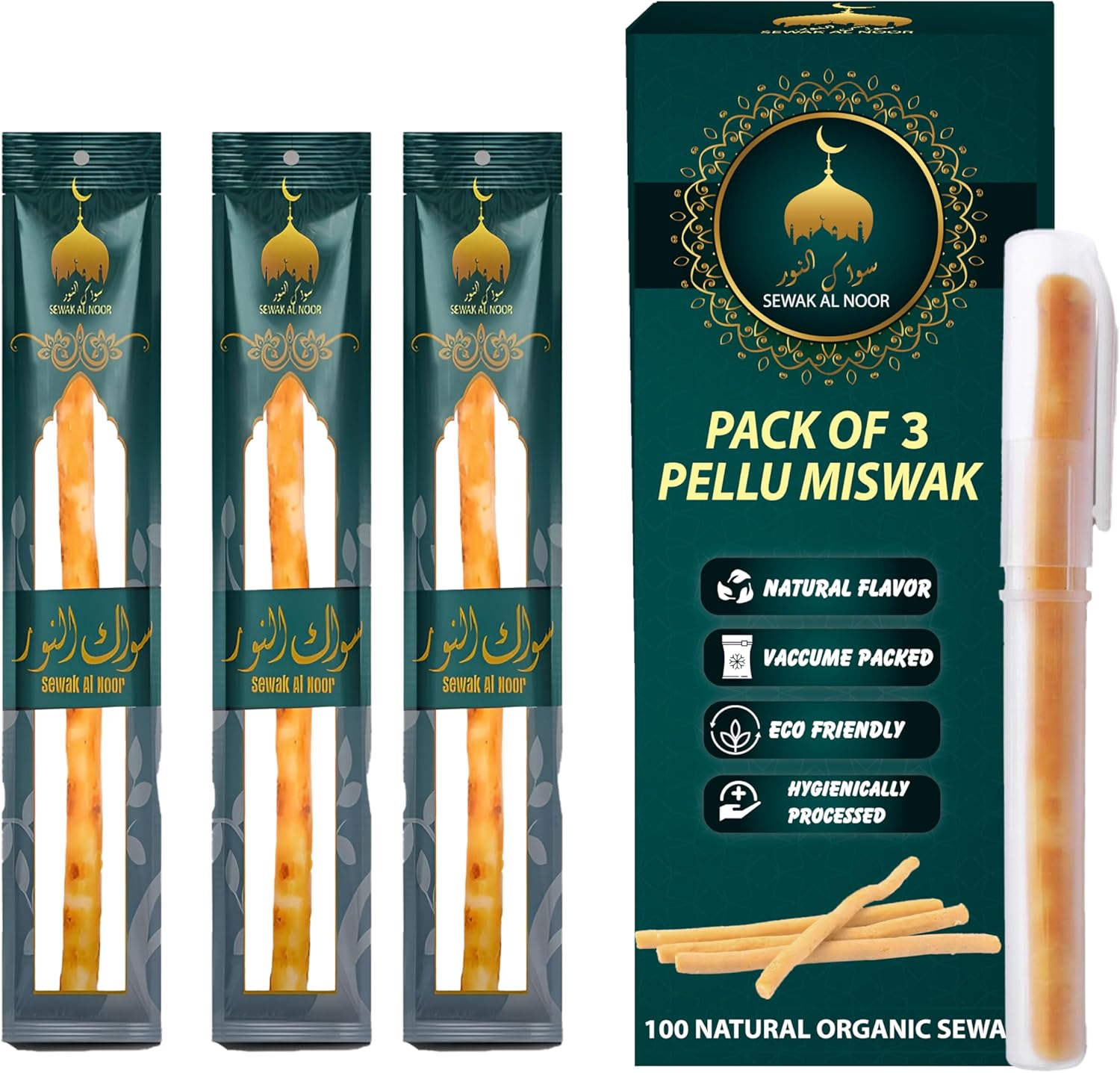 Pack of 3 Miswak Sticks for Teeth with Holder - Natural Toothbrush for Teeth Whitening, Oral Health & Fresh Breath - Vacuum Sealed Natural Flavored Chew Sticks for Humans || Pack of 3