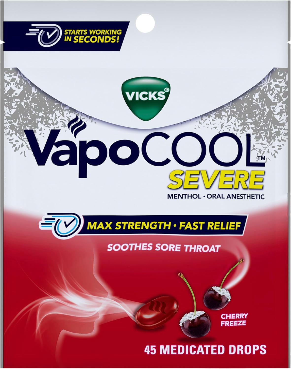 Vicks VapoCool Severe Medicated Sore Throat Drops, Max Strength Menthol, Soothes Sore Throat Pain, Cherry Flavor, 45ct