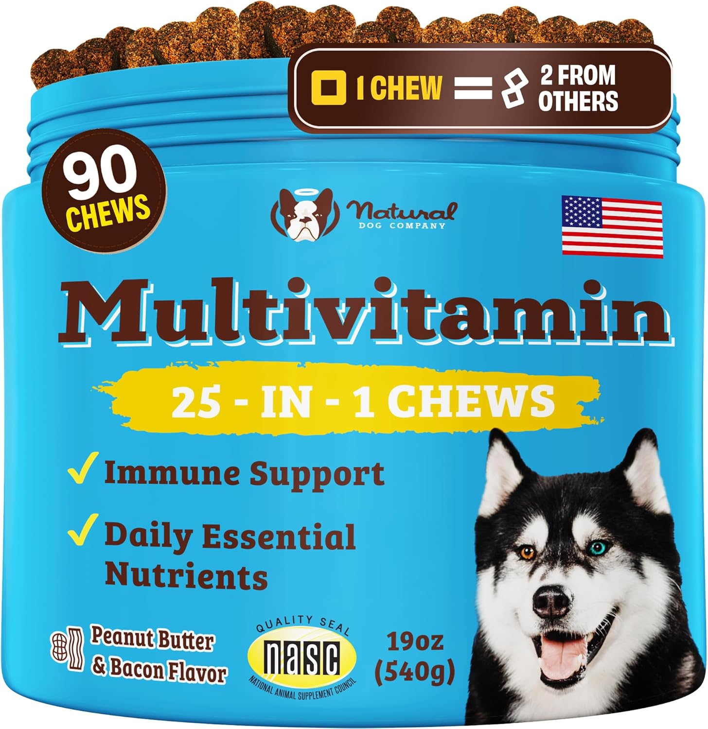 Natural Dog Company Multivitamin for Dogs – Daily Soft Chews with Vitamins, Minerals & Antioxidants, Immune & Joint Support, for All Ages, Sizes & Breeds, Bacon & Peanut Butter – 90 Count