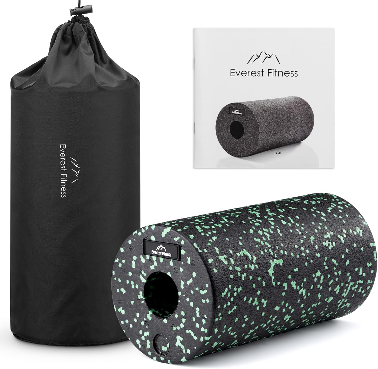 Everest Fitness Foam Roller - Medium Density - Muscle Massage Rollers for Back Pain or Muscles - w/Manual & Free Bag - Black/Green
