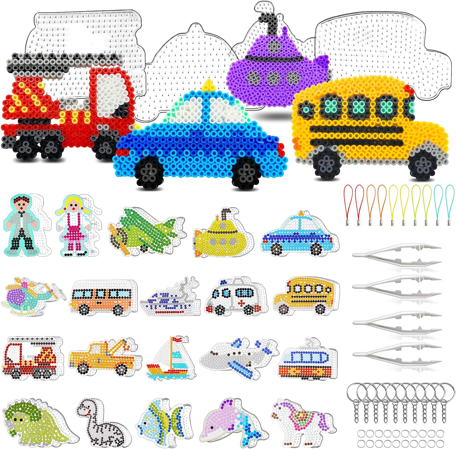 FUNZBO 20 pcs Pegboards for 5mm Fuse Beads Project - Vehicle Theme Include Fire Truck and Police Car for Arts and Crafts with Keychains, Hang Ropes and Tweezers, Gifts for Kids (Beads Not Included)